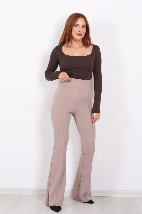 Kemerli Çimalı İspanyol Paça Vizon Kadın Krep Pantolon - 3