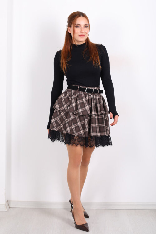 Kemerli Dantel Detaylı Ekose Kahverengi Kadın Mini Etek - 3