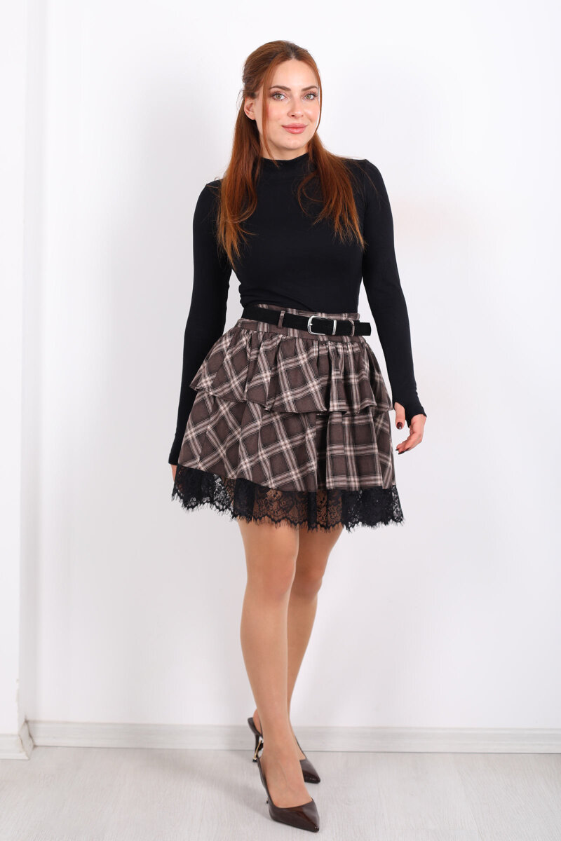 Kemerli Dantel Detaylı Ekose Kahverengi Kadın Mini Etek - 3