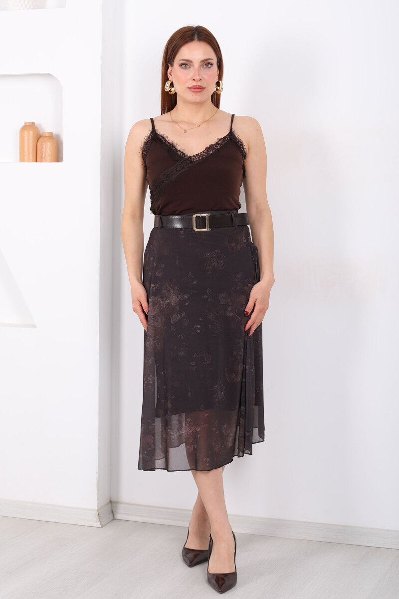 Kemerli Desenli Midi Kahverengi Kadın Tül Etek - 6