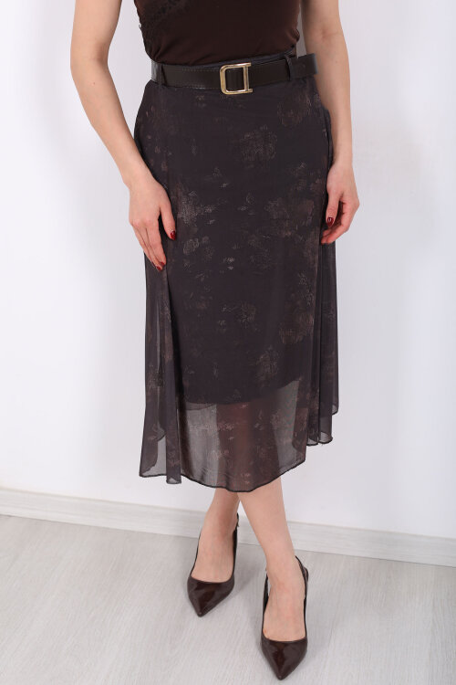 Kemerli Desenli Midi Kahverengi Kadın Tül Etek - Berox (1)
