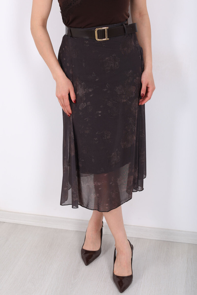 Kemerli Desenli Midi Kahverengi Kadın Tül Etek - 2