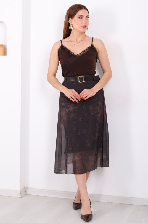 Kemerli Desenli Midi Kahverengi Kadın Tül Etek - 4