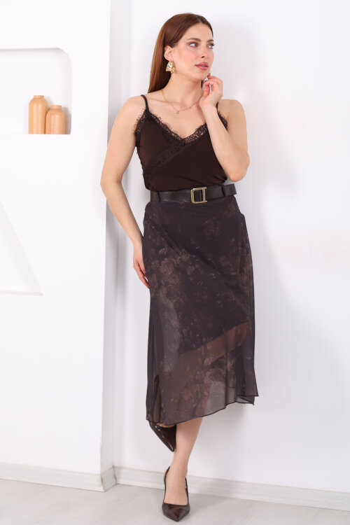 Kemerli Desenli Midi Kahverengi Kadın Tül Etek - 3