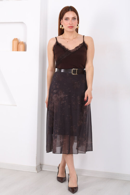 Kemerli Desenli Midi Kahverengi Kadın Tül Etek - Berox