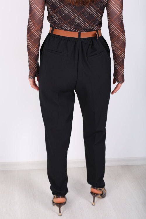 Kemerli Duble Paça Siyah Kadın Battal Pantolon - 6