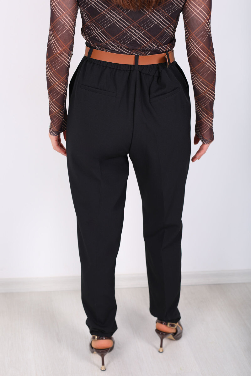 Kemerli Duble Paça Siyah Kadın Battal Pantolon - 6