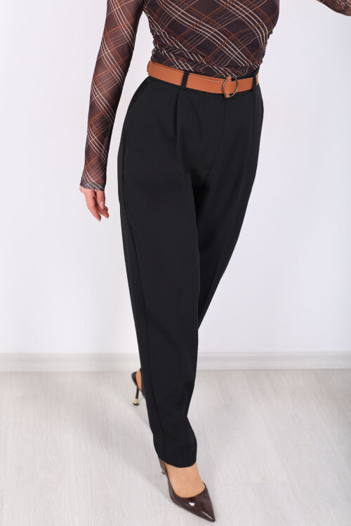 Kemerli Duble Paça Siyah Kadın Battal Pantolon - Berox (1)