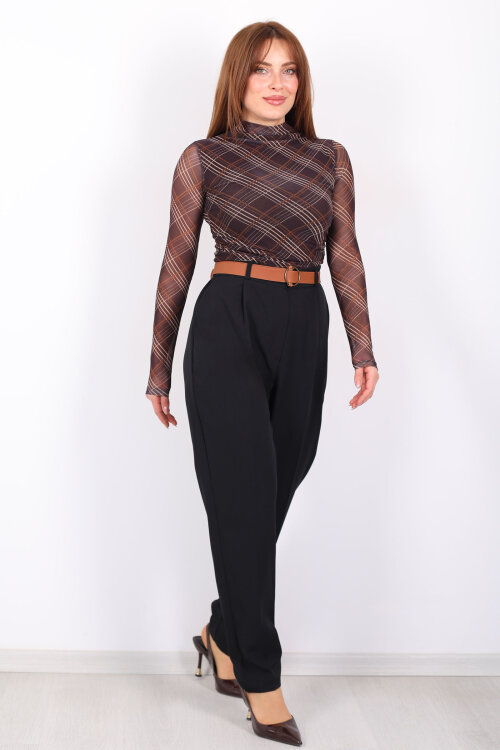 Kemerli Duble Paça Siyah Kadın Battal Pantolon - 3