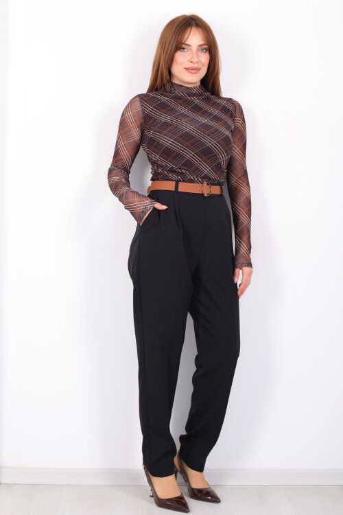 Kemerli Duble Paça Siyah Kadın Battal Pantolon - Berox