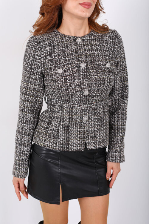 Kemerli Düğme Detaylı Kahverengi Kadın Tüvit Ceket - Berox (1)