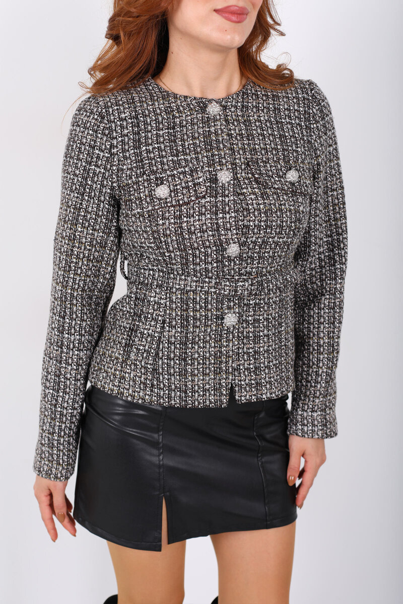 Kemerli Düğme Detaylı Kahverengi Kadın Tüvit Ceket - 2