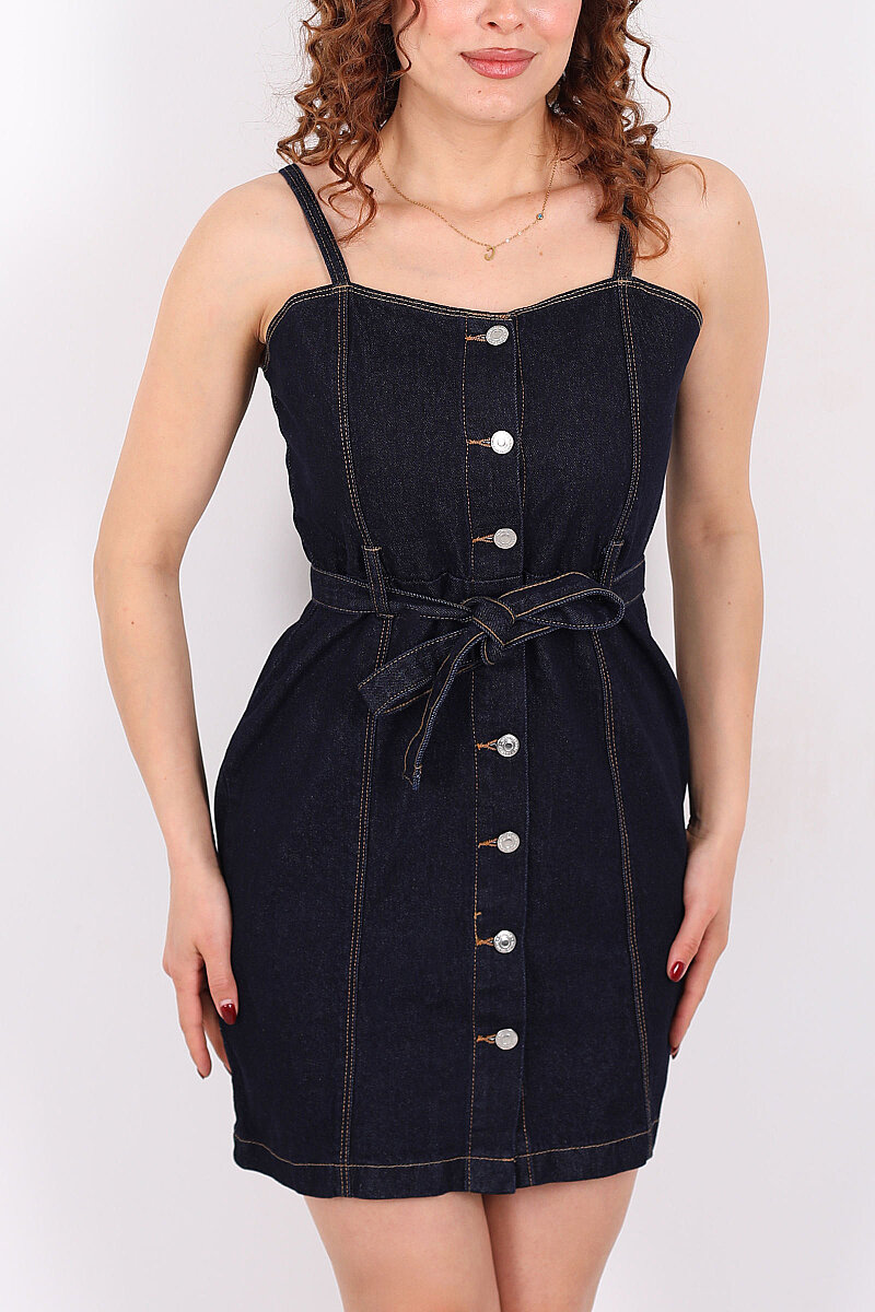 Kemerli Düğmeli Kadın Lacivert Denim Mini Elbise - 2