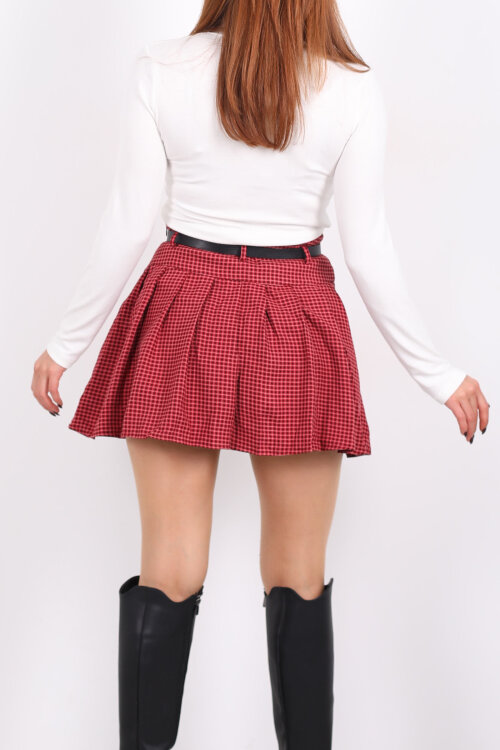 Kemerli Ekose Desen Bordo Kadın Pileli Etek - 5