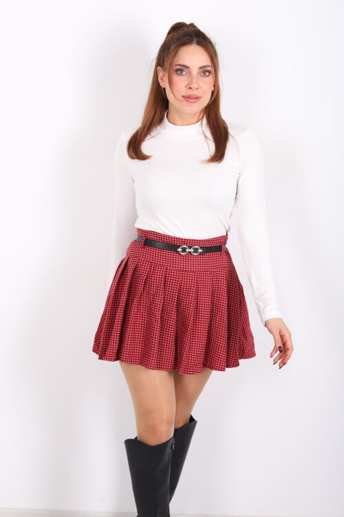 Kemerli Ekose Desen Bordo Kadın Pileli Etek - 3