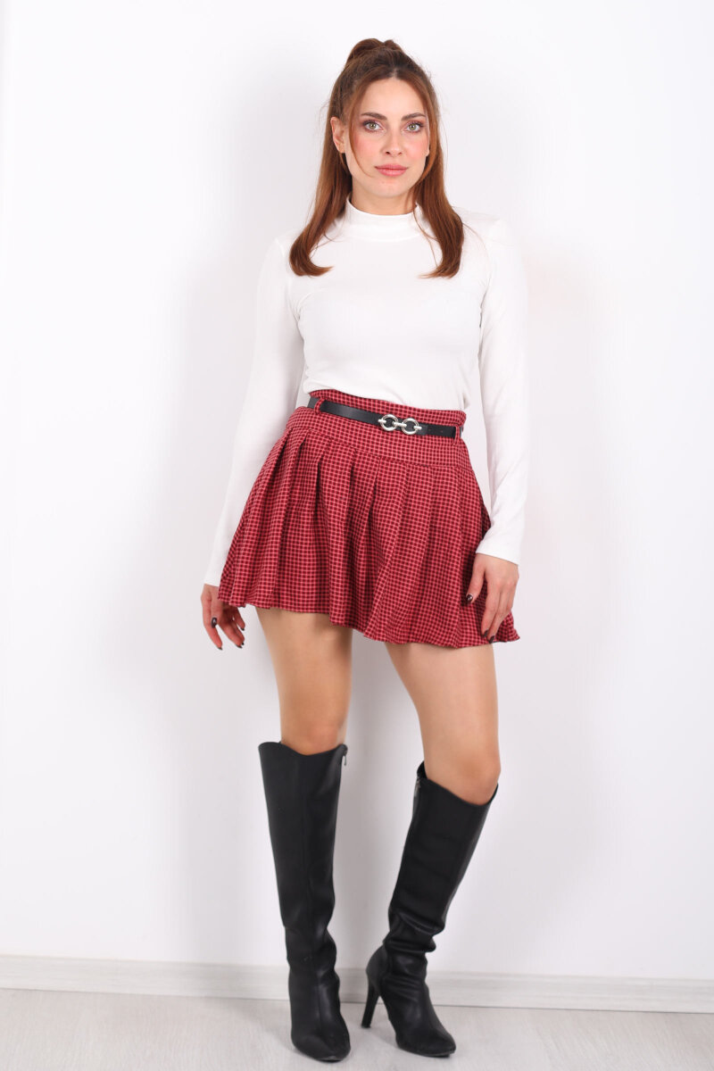 Kemerli Ekose Desen Bordo Kadın Pileli Etek - 4