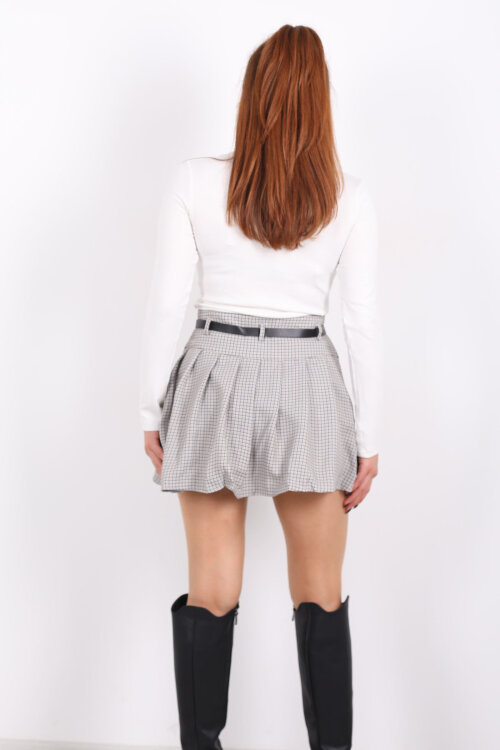 Kemerli Ekose Desen Gri Kadın Pileli Etek - 5