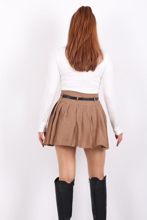 Kemerli Ekose Desen Taba Kadın Pileli Etek - 6