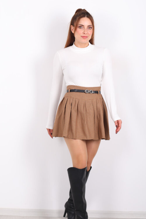 Kemerli Ekose Desen Taba Kadın Pileli Etek 