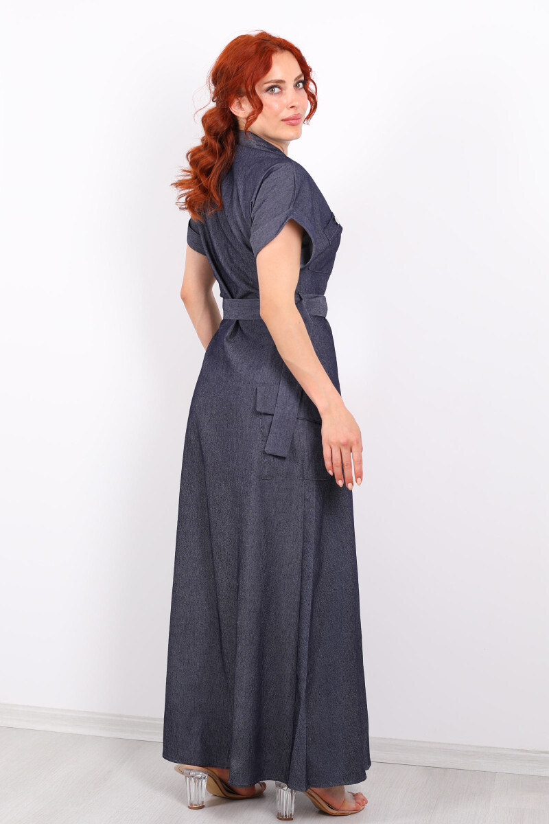 Kemerli Fermuar Detaylı Denim Lacivert Kadın Maxi Elbise - 5