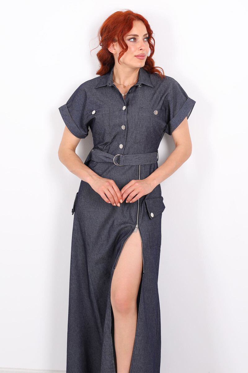 Kemerli Fermuar Detaylı Denim Lacivert Kadın Maxi Elbise - 7