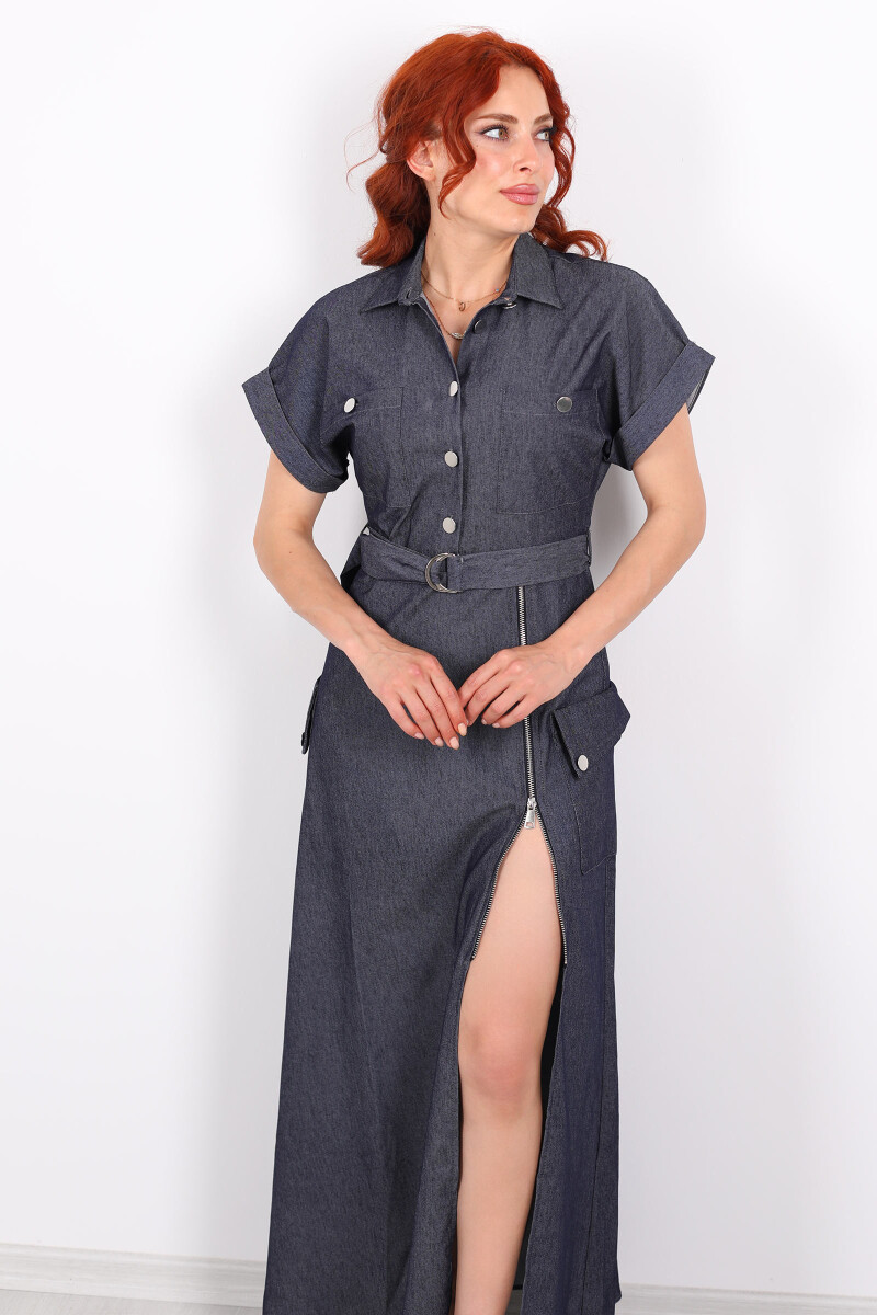 Kemerli Fermuar Detaylı Denim Lacivert Kadın Maxi Elbise - 3