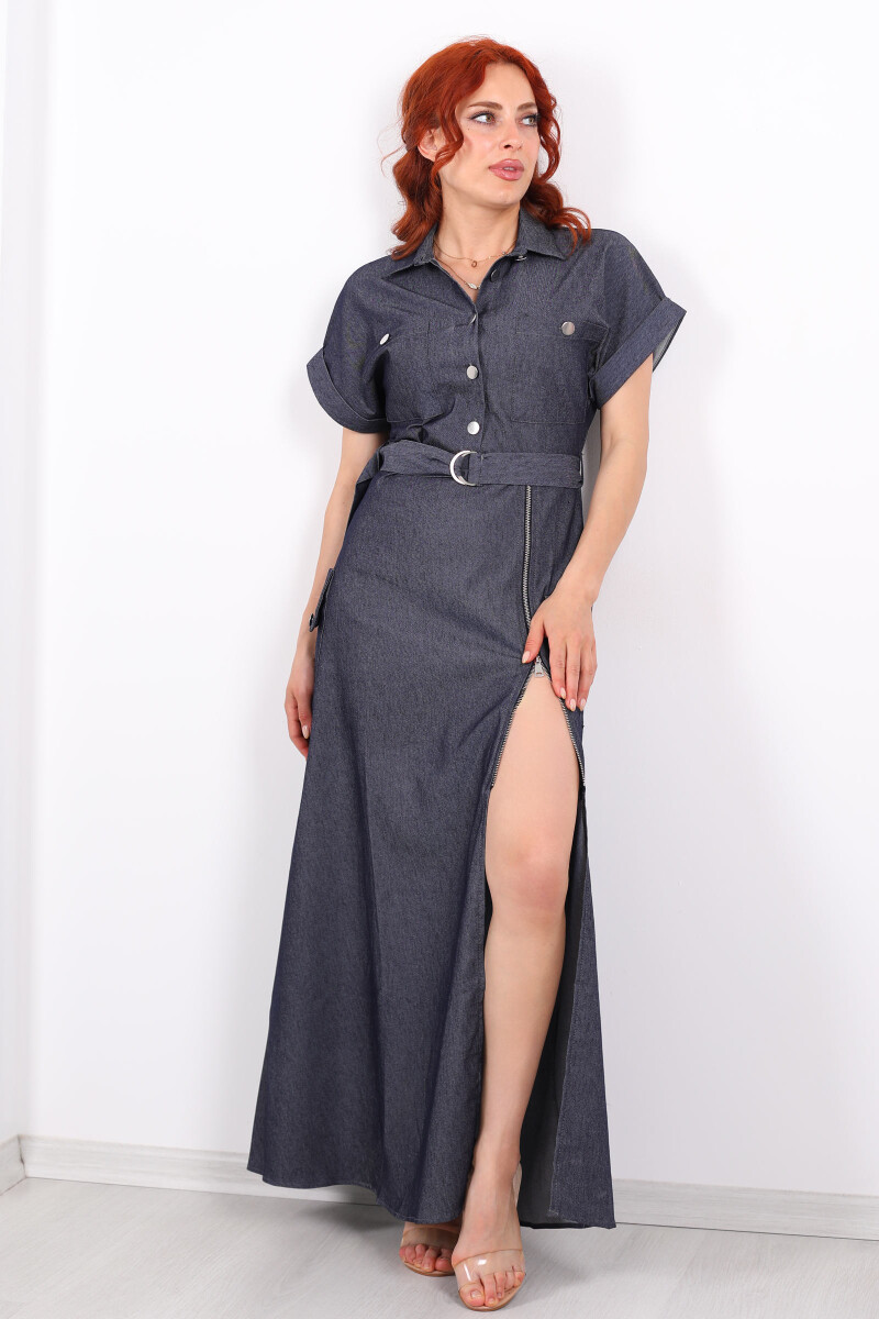 Kemerli Fermuar Detaylı Denim Lacivert Kadın Maxi Elbise - 8