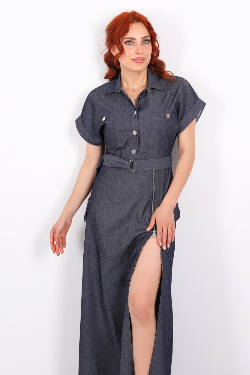 Kemerli Fermuar Detaylı Denim Lacivert Kadın Maxi Elbise - 1