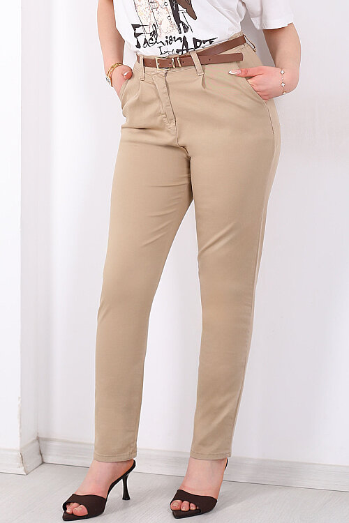 Kemerli Gabardin Likralı Kadın Camel Havuç Pantolon - Berox (1)