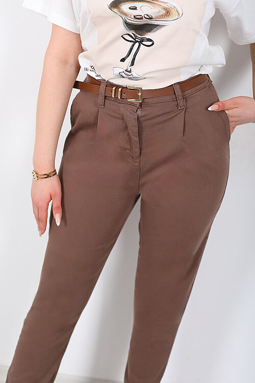 Kemerli Gabardin Likralı Kadın Kahverengi Havuç Pantolon - Berox (1)