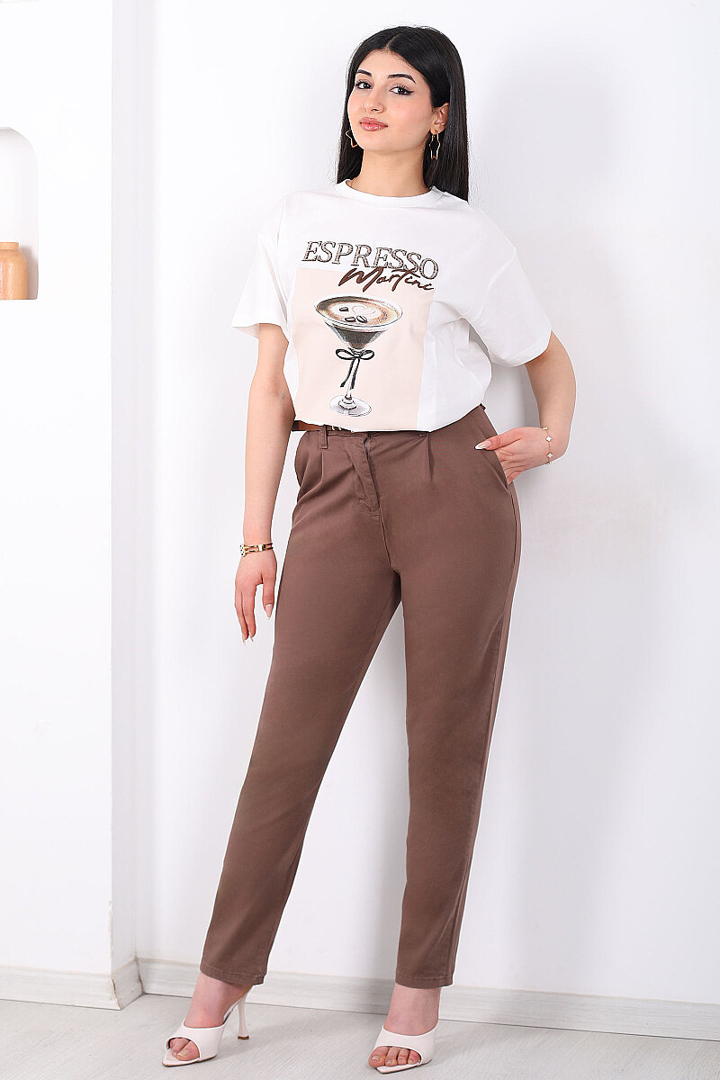 Kemerli Gabardin Likralı Kadın Kahverengi Havuç Pantolon - 1