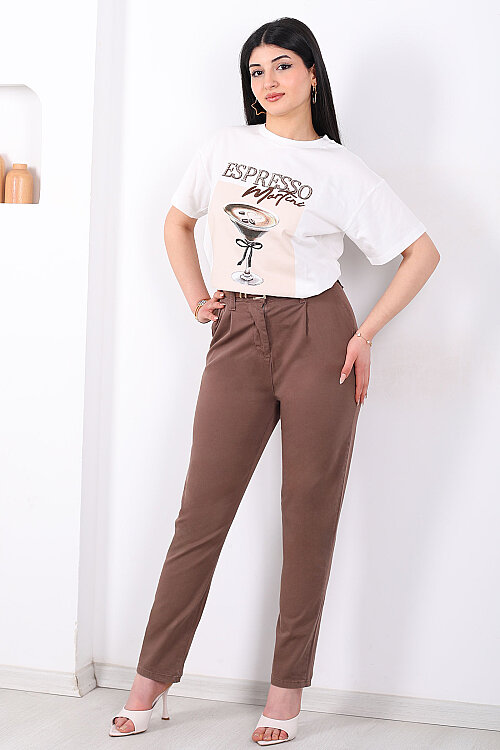 Kemerli Gabardin Likralı Kadın Kahverengi Havuç Pantolon - 6