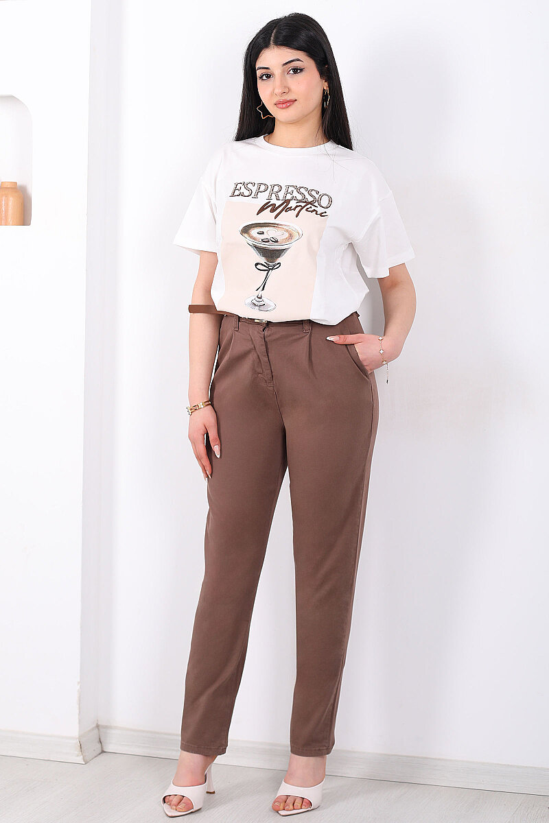 Kemerli Gabardin Likralı Kadın Kahverengi Havuç Pantolon - 4