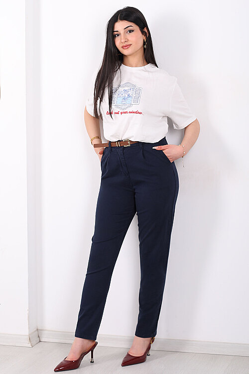 Kemerli Gabardin Likralı Kadın Lacivert Havuç Pantolon - 6