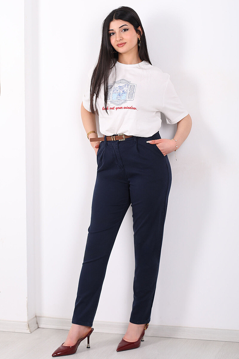 Kemerli Gabardin Likralı Kadın Lacivert Havuç Pantolon - 6