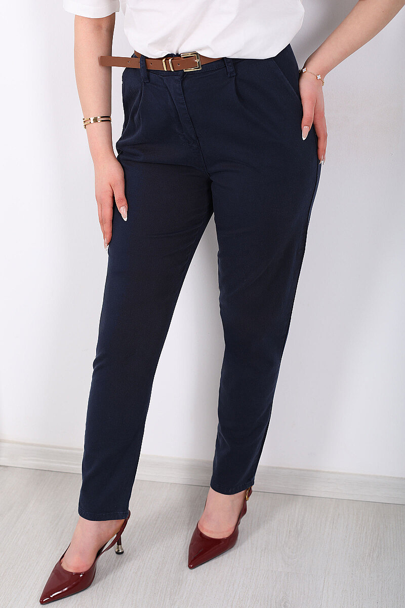 Kemerli Gabardin Likralı Kadın Lacivert Havuç Pantolon - 2