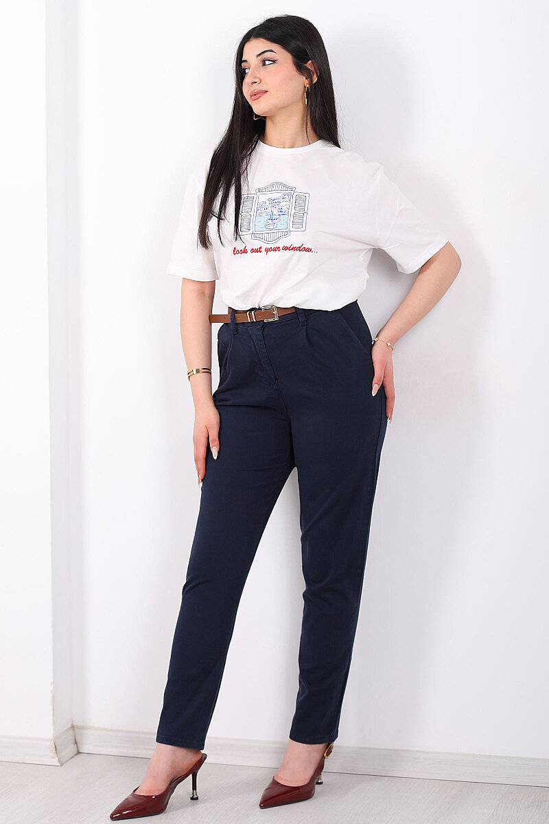 Kemerli Gabardin Likralı Kadın Lacivert Havuç Pantolon - 1