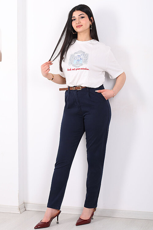 Kemerli Gabardin Likralı Kadın Lacivert Havuç Pantolon - 4