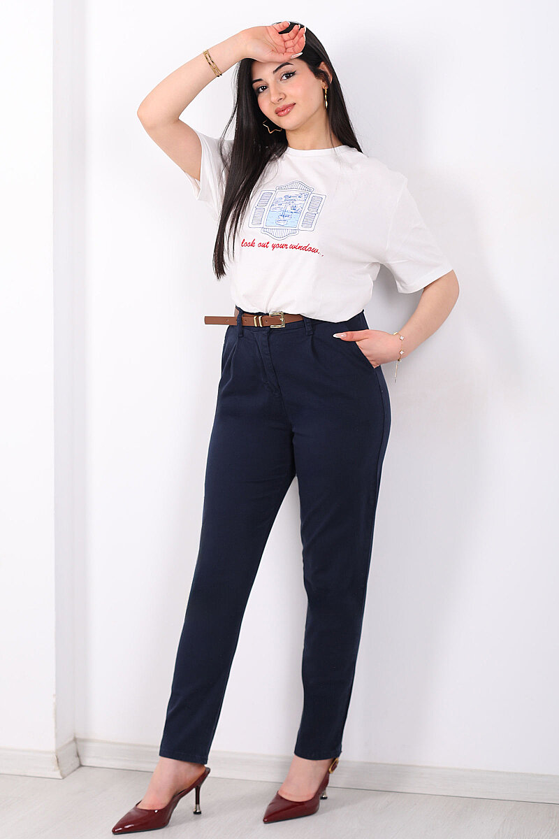 Kemerli Gabardin Likralı Kadın Lacivert Havuç Pantolon - 3