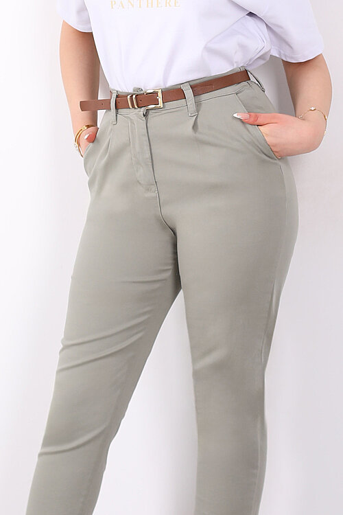 Kemerli Gabardin Likralı Kadın Mint Yeşili Havuç Pantolon - Berox (1)