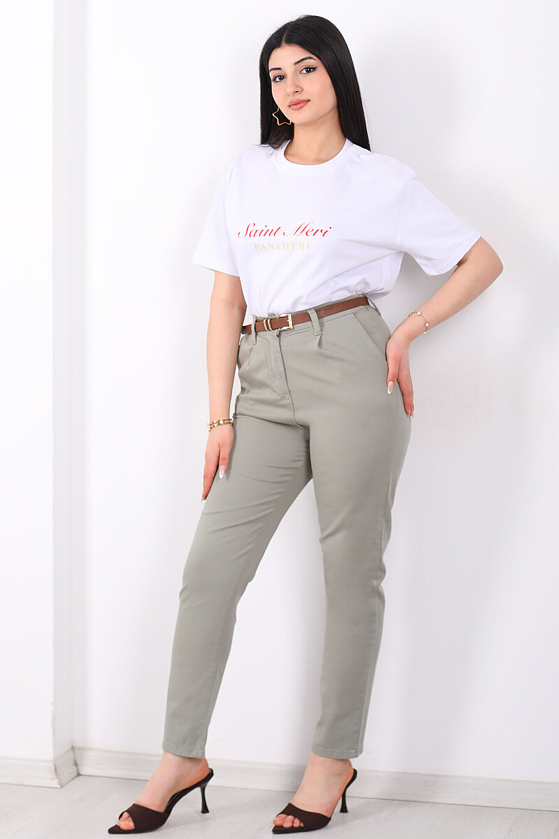 Kemerli Gabardin Likralı Kadın Mint Yeşili Havuç Pantolon - 1