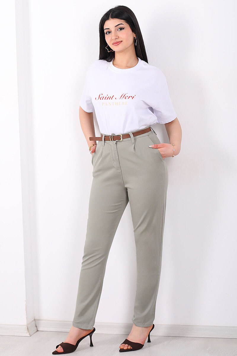 Kemerli Gabardin Likralı Kadın Mint Yeşili Havuç Pantolon - 4