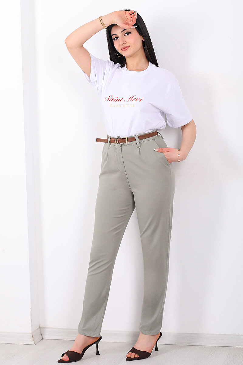 Kemerli Gabardin Likralı Kadın Mint Yeşili Havuç Pantolon - 3