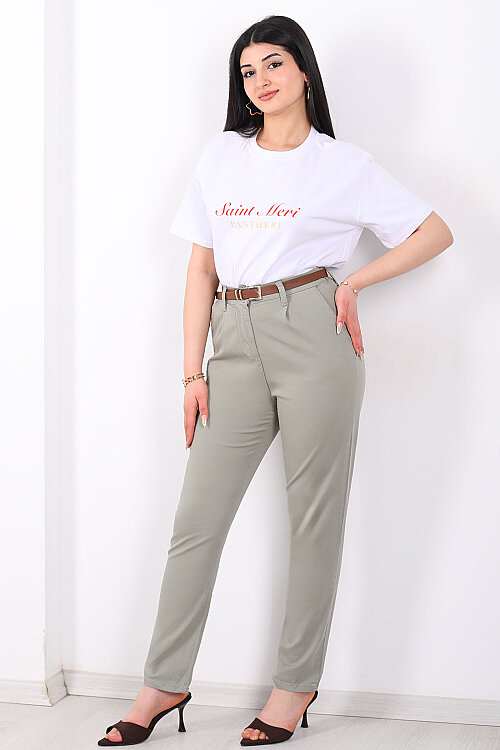 Kemerli Gabardin Likralı Kadın Mint Yeşili Havuç Pantolon - 6