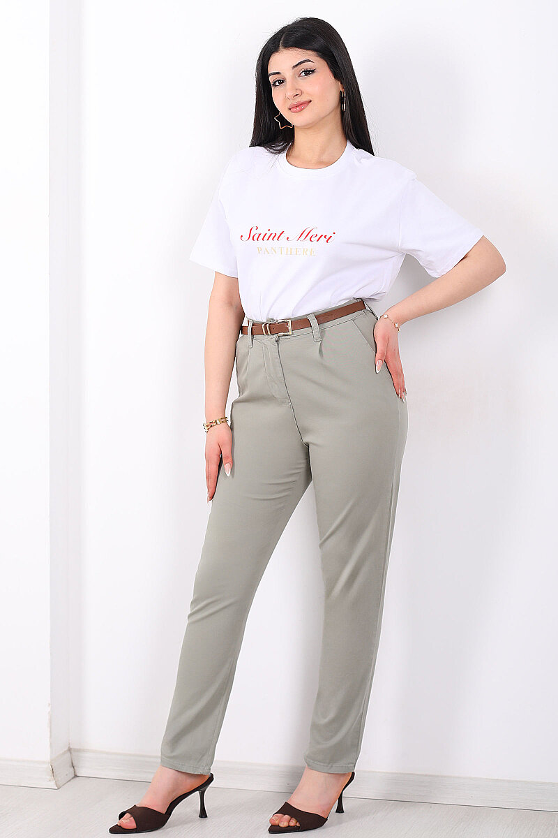 Kemerli Gabardin Likralı Kadın Mint Yeşili Havuç Pantolon - 6