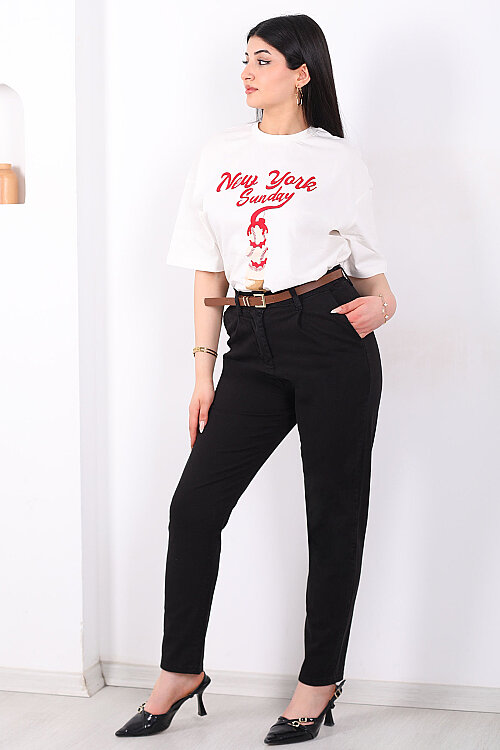 Kemerli Gabardin Likralı Kadın Siyah Havuç Pantolon - 6