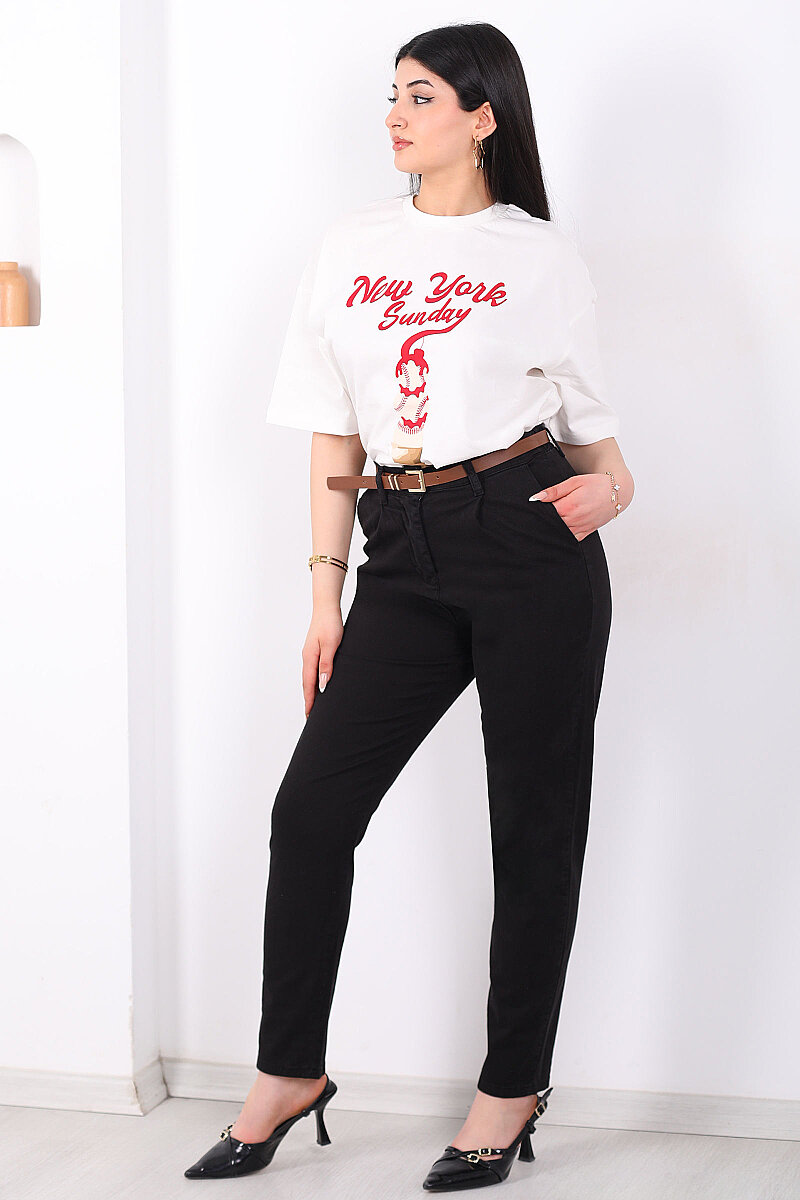 Kemerli Gabardin Likralı Kadın Siyah Havuç Pantolon - 6