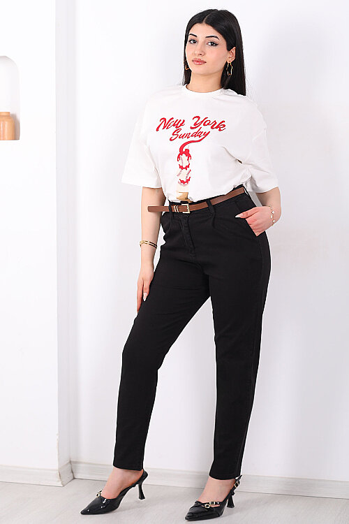 Kemerli Gabardin Likralı Kadın Siyah Havuç Pantolon - 3