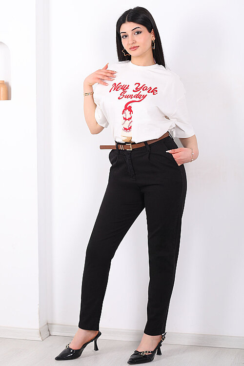 Kemerli Gabardin Likralı Kadın Siyah Havuç Pantolon - Berox