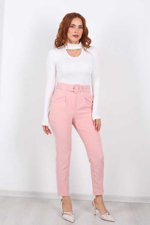 Kemerli Gül Kurusu Kadın Kumaş Pantolon - 6